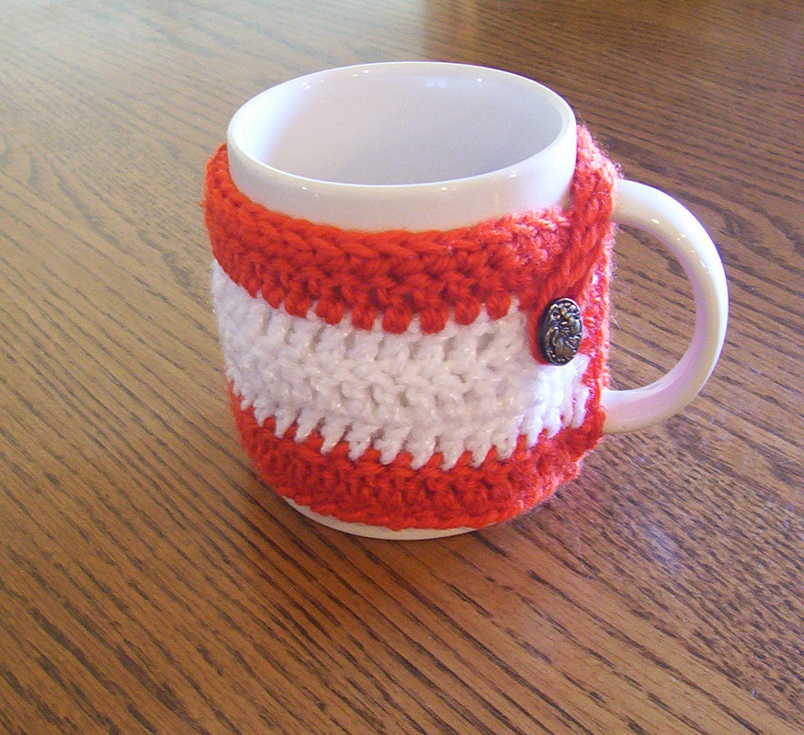 Hand Crochet White and Pumpkin Orange Coffee Mug Cozy
