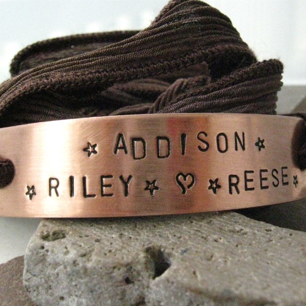 Personalized Mothers Bracelet, Chocolate Silk Ribbon Wrap, aluminum or copper bar with hand dyed ribbon, 30 character max
