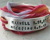 Personalized Mothers Bracelet, Pink Silk Ribbon Wrap, aluminum or copper bar with hand dyed ribbon, 30 character max, 15 per line