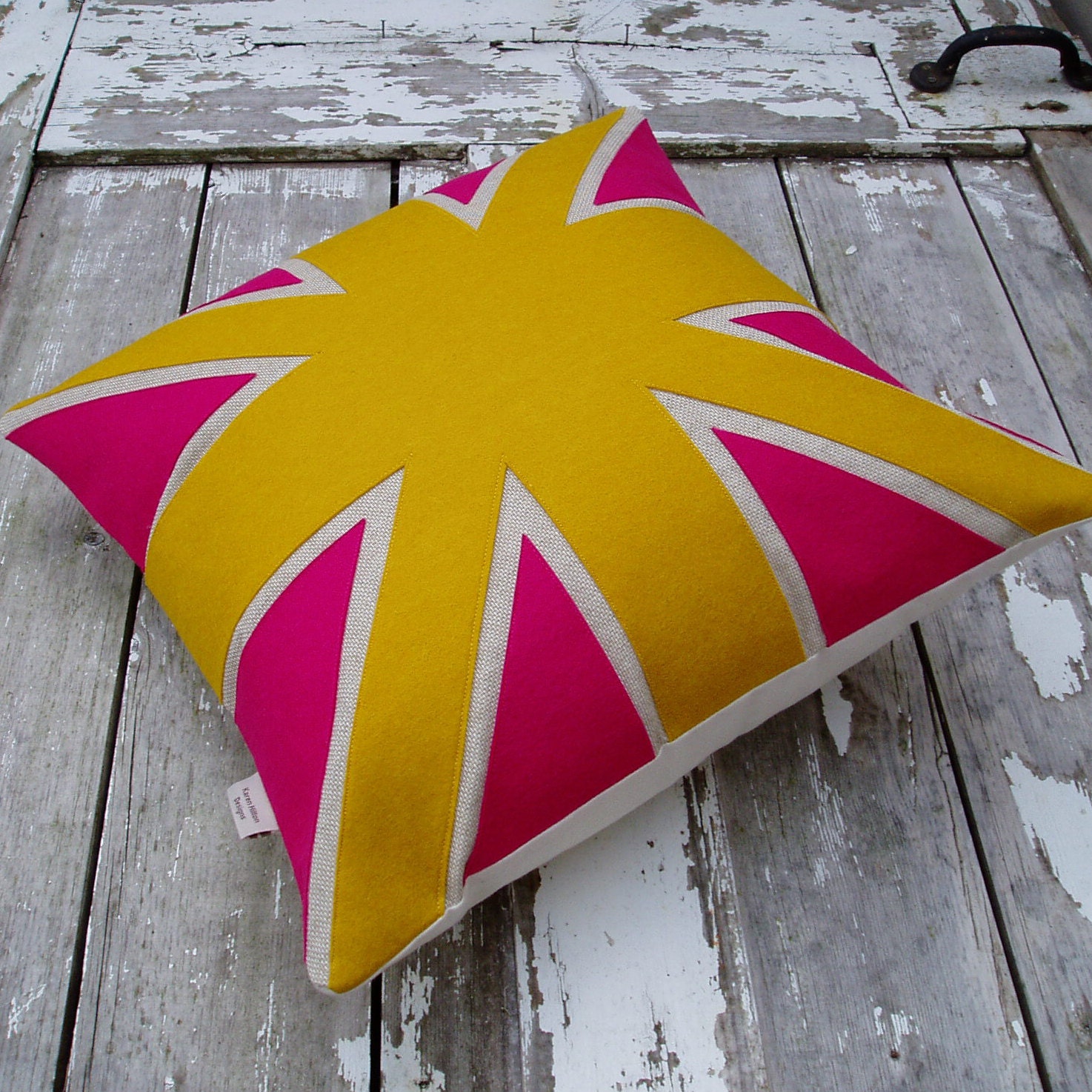 Union Jack cushion/pillow in yellow & hot pink linen, cotton and appliqued wool felt fabrics.