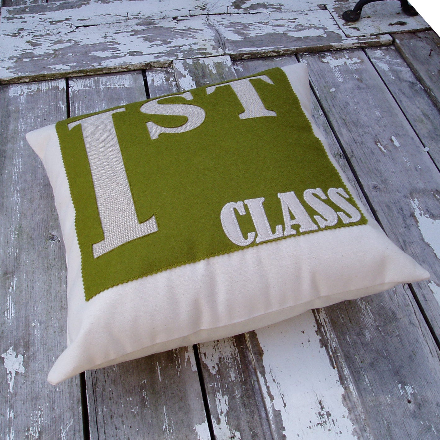 First Class Cushion/pillow Green appliqued felt