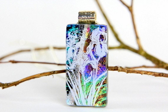 Iris Necklace - Dichroic Flower Pendant - Glass Jewelry - Fused Dichroic Glass Necklace -
