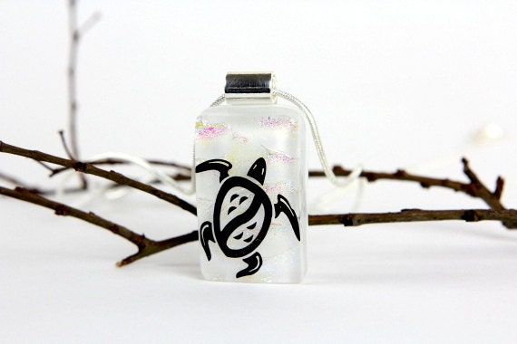 Sea Turtle Necklace- Kokopelli Turtle Pendant- Dichroic Glass Pendant- Fused Dichroic Glass Jewelry