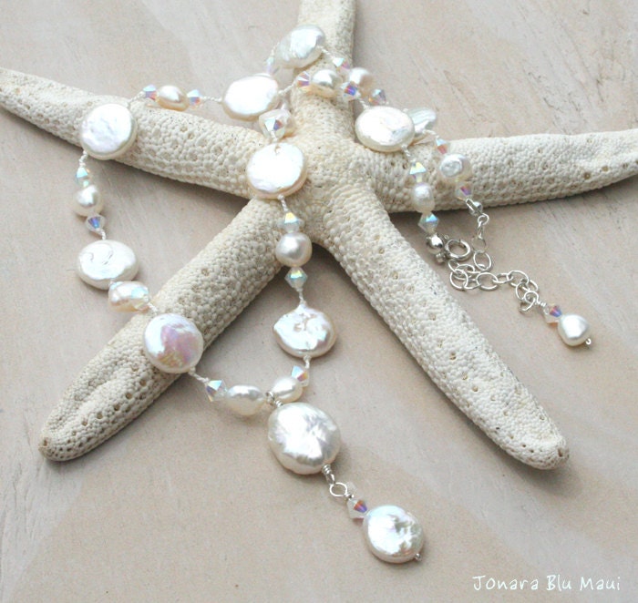 White Coin Pearl and Swarovski Crystal Silk Knotted Necklace - Beachy Boho Bride