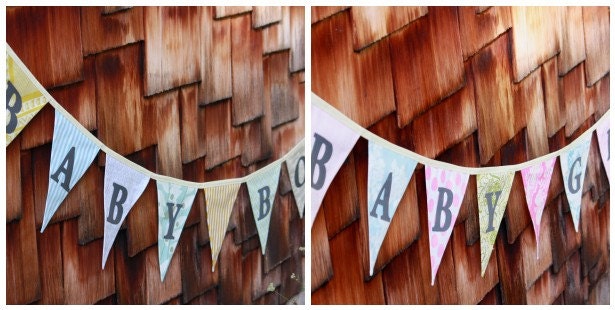 2 Banners: Baby Boy and Baby Girl, Set of Fabric Buntings, Shower Flag Decorations.