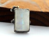 20% off sale Blue flash rainbow moonstone ring, dark sterling silver, recycled 14k gold, size 6 and a half ring, one of a kind statement ri