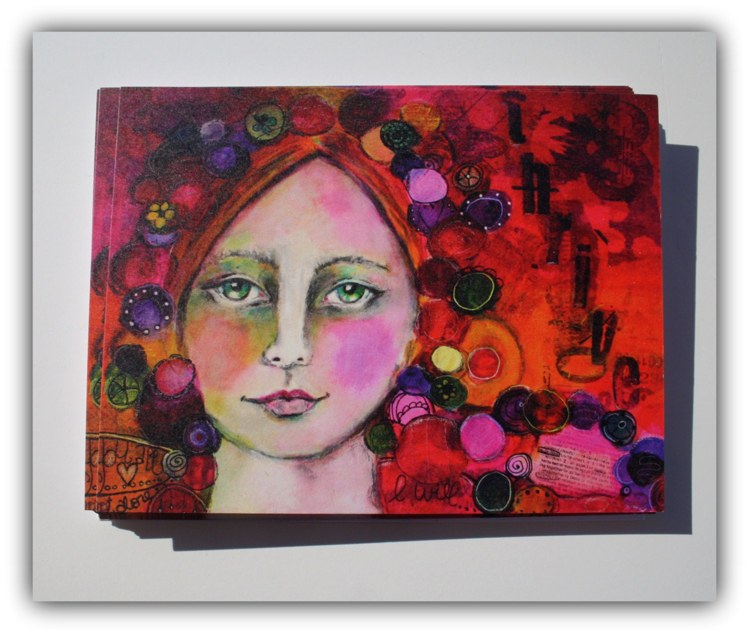Flat Notecards  Funky Woman Portrait in red, pink and purple Jodi Ohl