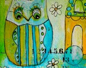 Whimsical Owl acrylic painting  in aqua and yellow by Jodi Ohl