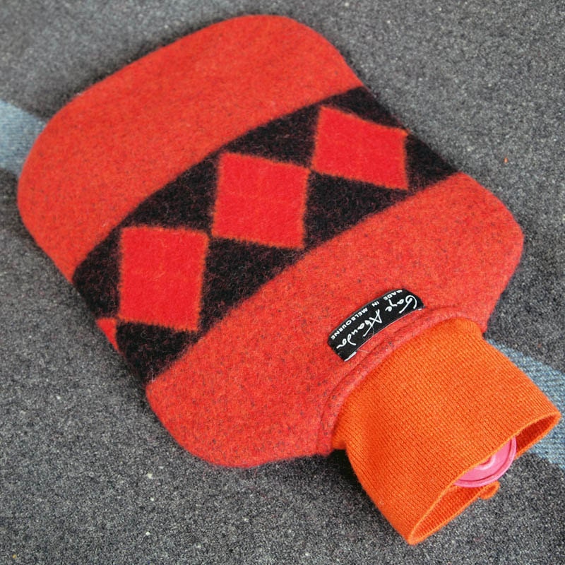 FREE SHIPPING Hot Water Bottle Cover Upcycled Wool Sweater Hottie Cover- Red, Grey and Burnt Orange