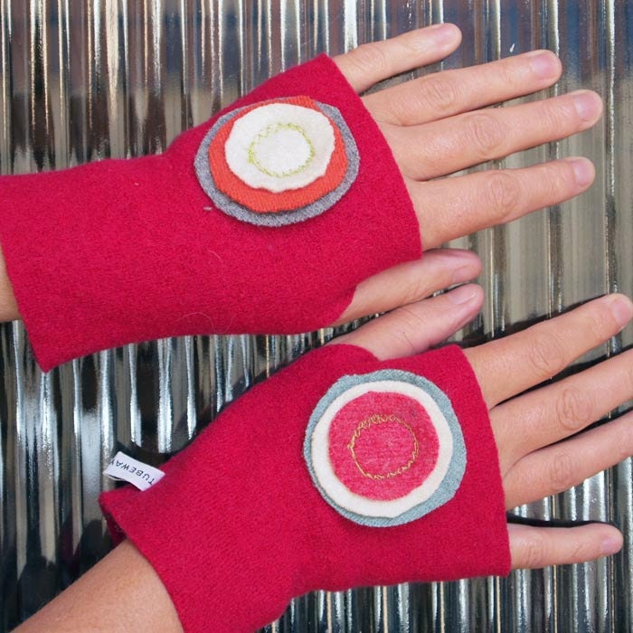 Recycled Wool Sweater Wrist Warmers Hand Warmers- Cherry Red with Stacks