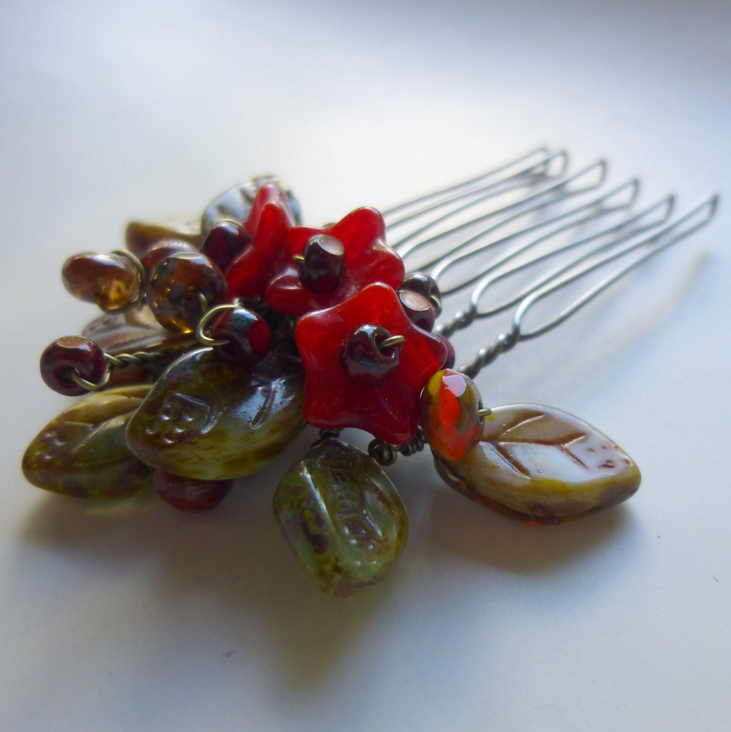 Appletini Hair Comb, Leaves, Flowers, Czech Beads on Gunmetal
