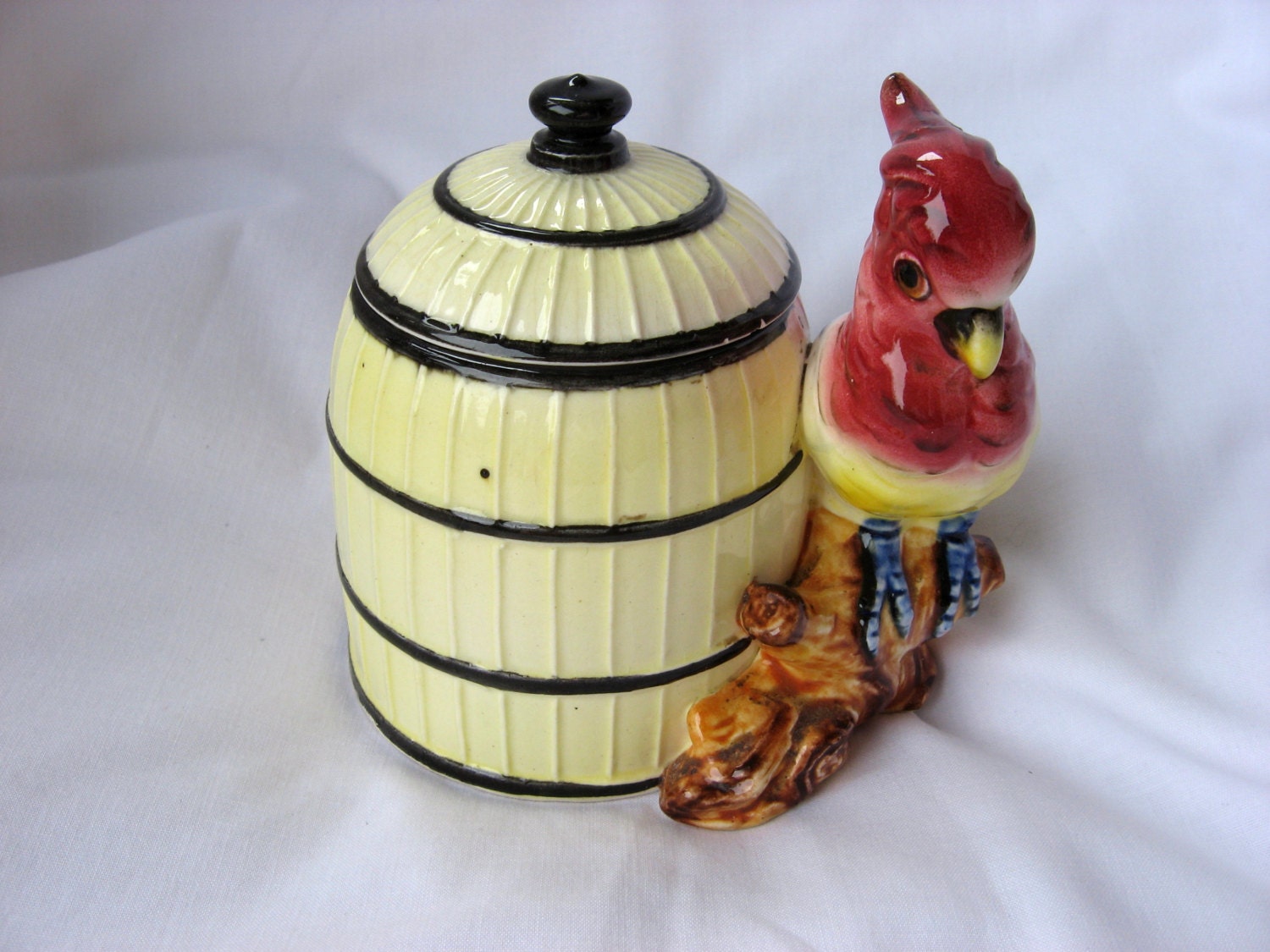 Parrot Cockatiel Figurine on Branch Cage Shaped Jar Biscuit Barrel