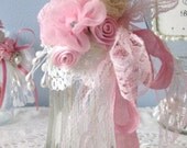 Vintage Salt Shaker Bottle Shabby Chic Pink White Roses Lace Ribbon ECS schteam sct SVFteam