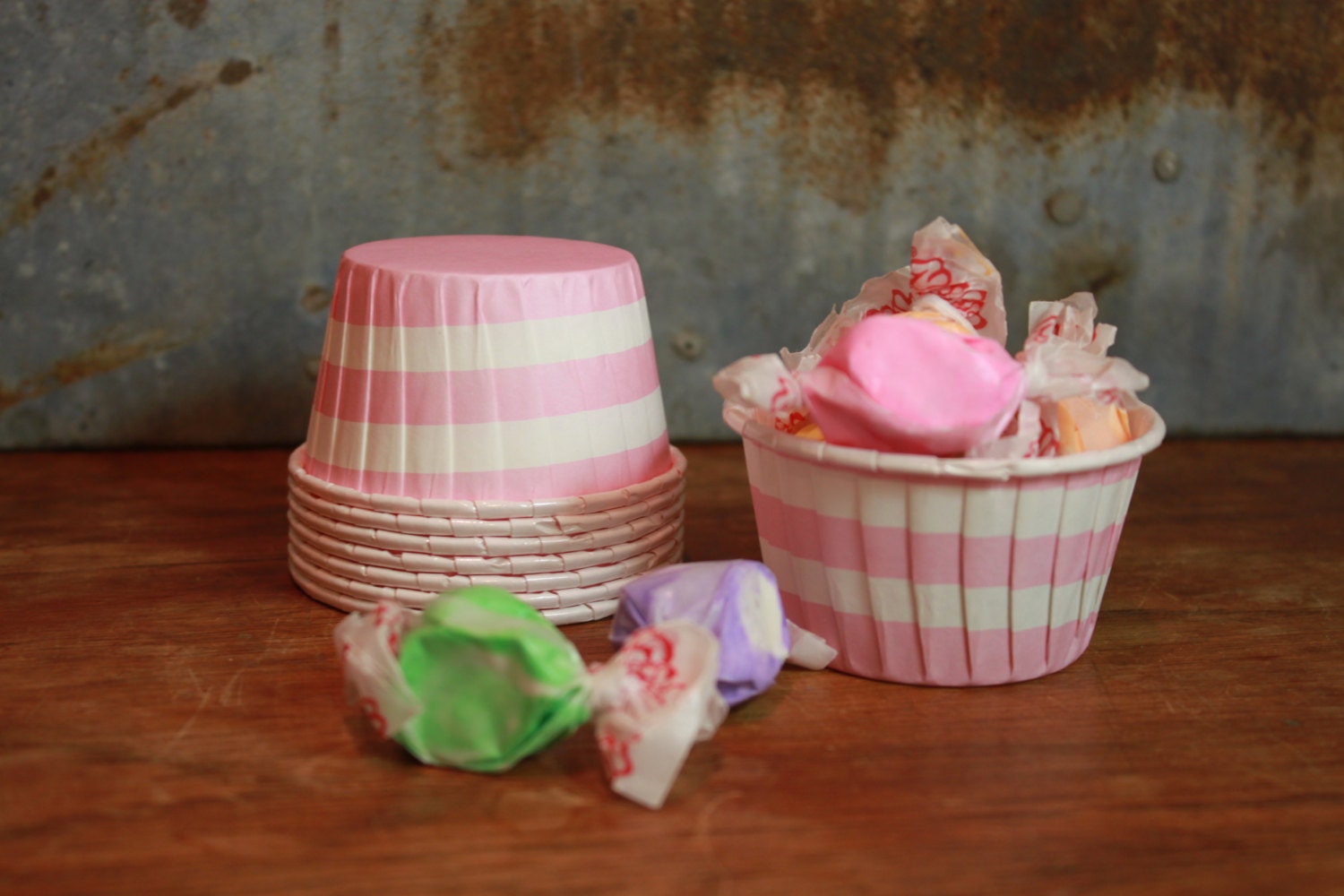 12 Pink with White Stripes Baking Cups -- Paper Nut Cups -- Large 2" Il_170x135