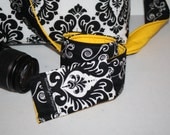 Padded Camera Strap Cover - Lens Cap Pocket -  Black Swirls / Damask / Yellow