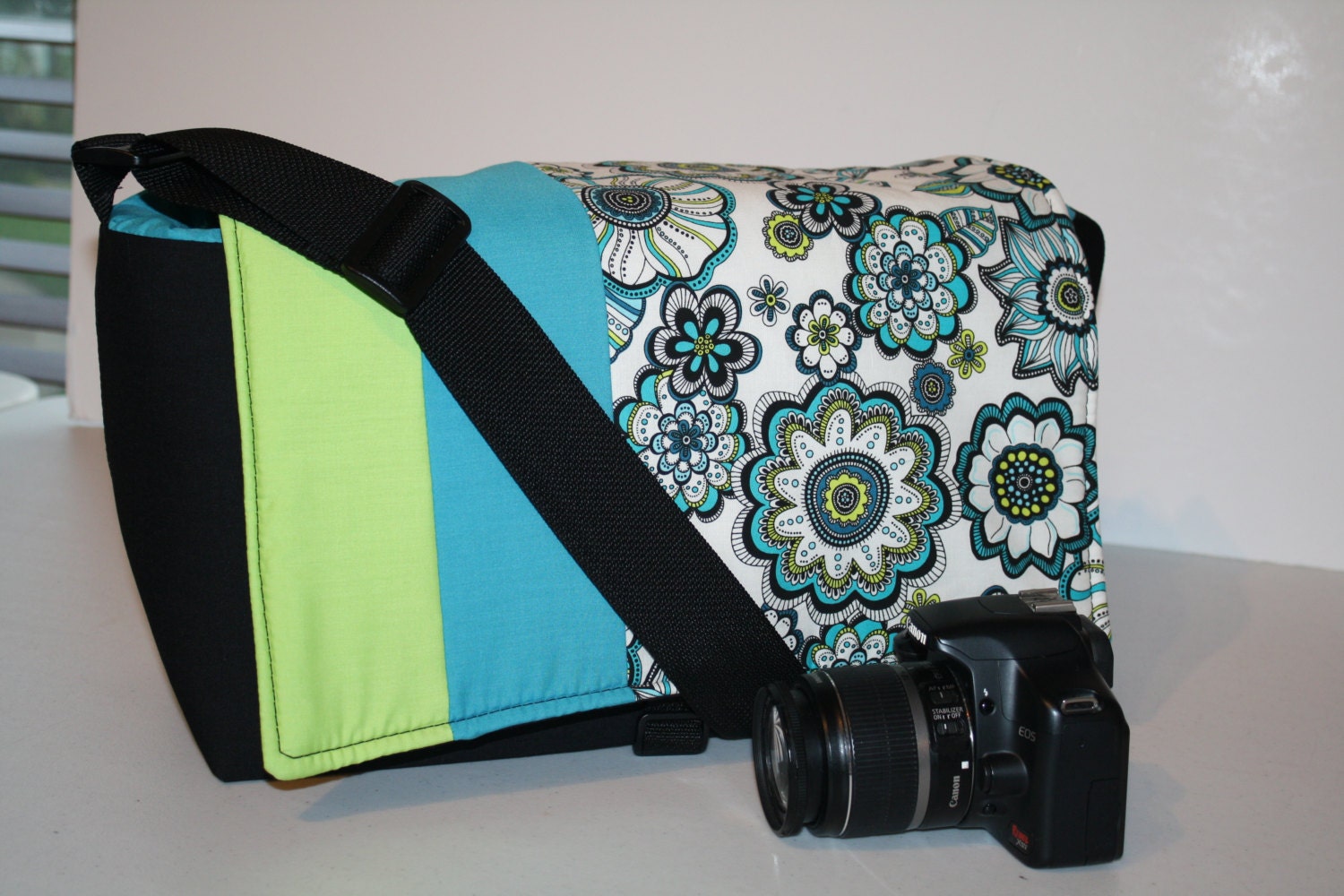 Digital Slr CAMERA Bag - Dslr camera Bag - Womens - 5 Lens or 2 Camera bodies - Lots of Pkts - Lime Turquoise Floral