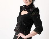 Womens Black Jacket- Black embroidered winged jacket - Short double breasted jacket - sz S