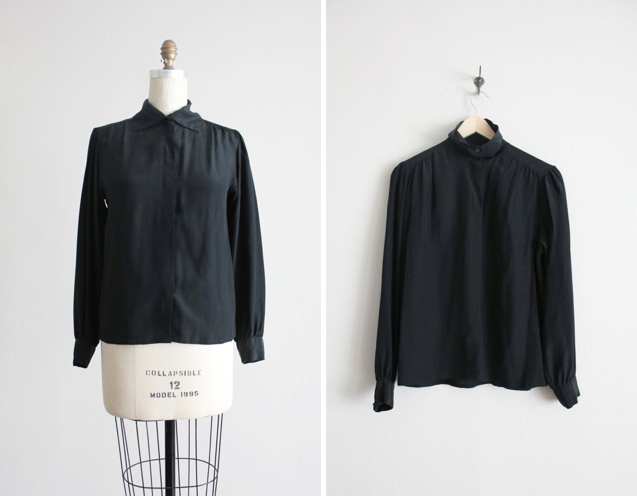 black silk blouse / minimalist blouse / silk shirt medium