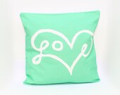 SALE FLAWED Love Print Pillow Cover in Mint 18X18"