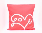 SALE Love Print Pillow Cover in Coral - off centered