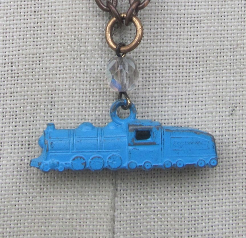 Closeout SALE  Vintage charm Necklace 1pc blue enamel cracker jack prize choo choo Train metal charm chain found object jewelry cute t105