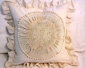 Natural Ivory Muslin Ruffle Pillow (SLIP COVER ONLY) Vintage Crochet Center Design