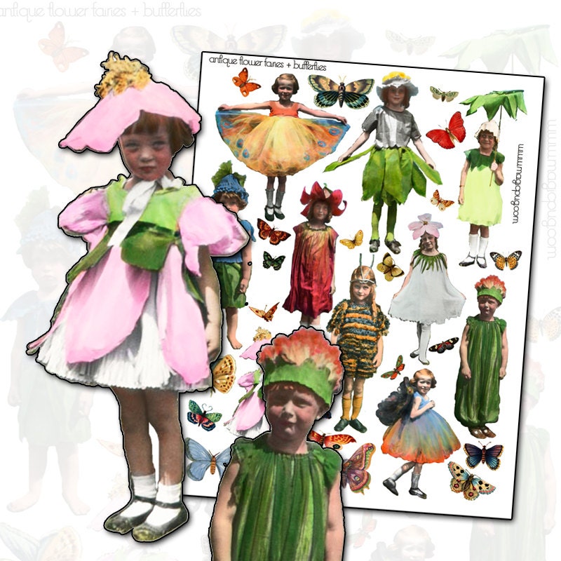 Fairy Children in Flower and Butterfly costumes digital collage sheet for altered art fairy faerie fantasy