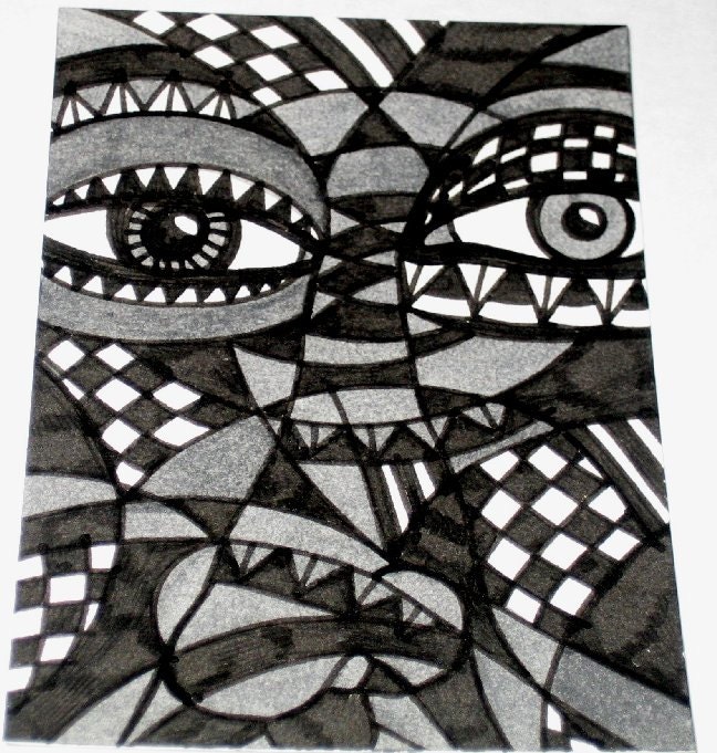 Original Drawing ACEO  Black and White and Grey Face Design