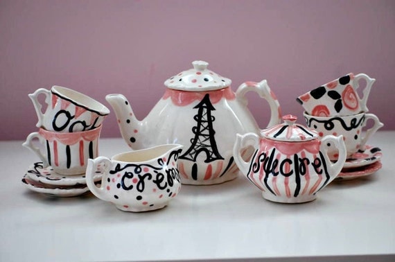 Paris Themed Tea Party Personalized Little Girl's Tea Set. . . Ooh La La. . .Personalized Tea Set and 4 Matching Tea Cups Il_570xn