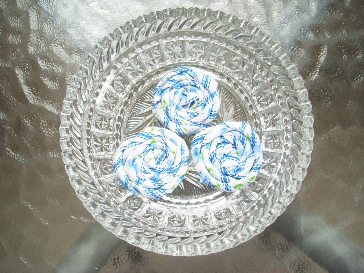 ONE DOLLAR Deals - 3 Large Blue Floral Rolled Fabric Flowers -Sewn or Glued - PIF Hair Accessories, Jewelry, Ect.
