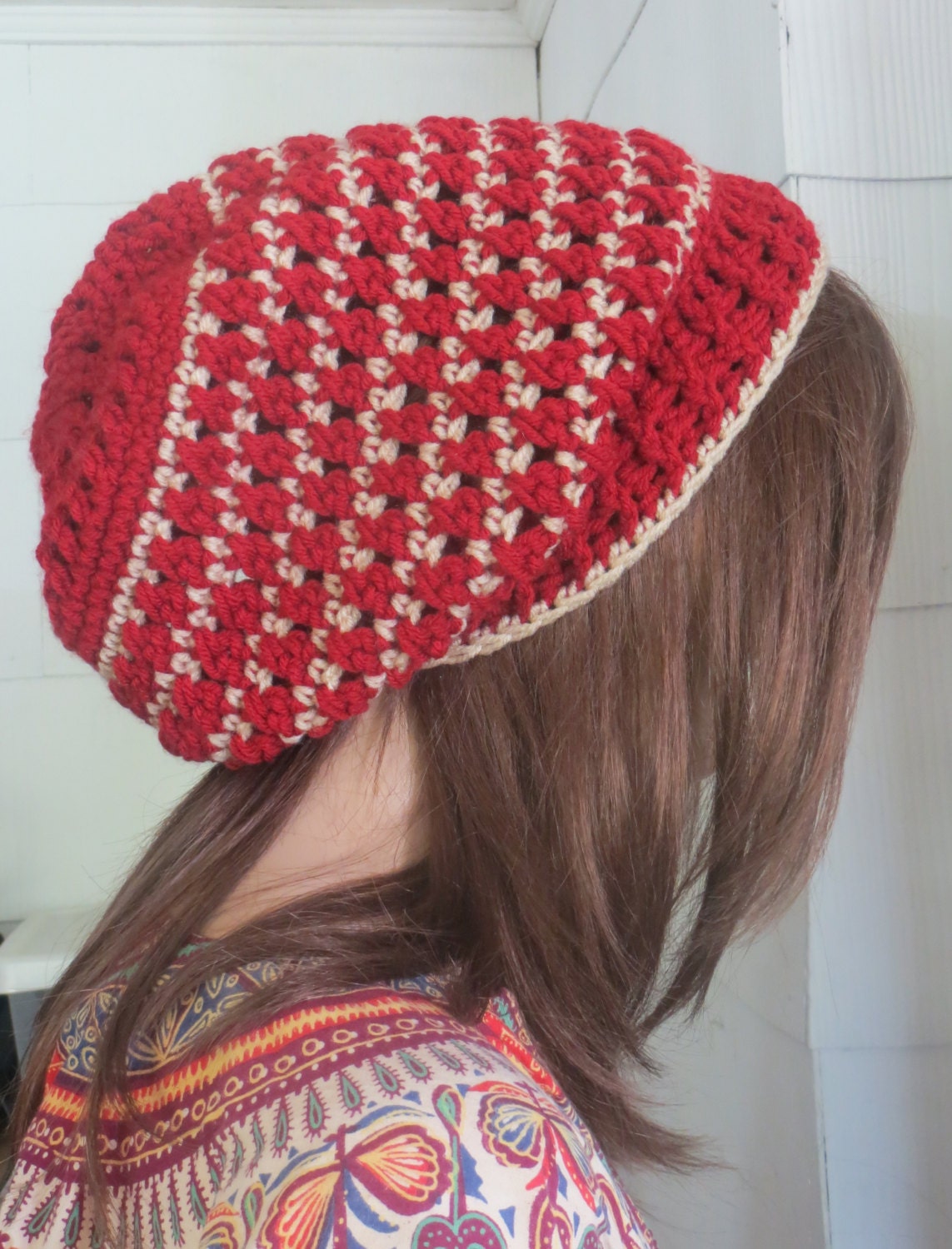 Crochet Rasta Hippie Beret - Dreadlocks - Slouchy Hat - Dread Hat - Tan and Maroon Red