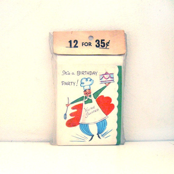 Vintage 1960s Birthday Party Invitation Cards - Set of 12 Invites w Envelopes - Bakery Cook