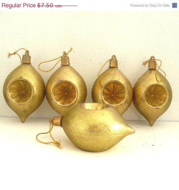 ON SALE 5 Vintage Christmas Ornaments - Gold Plastic Glitter Indent - Tree Decoration Lot