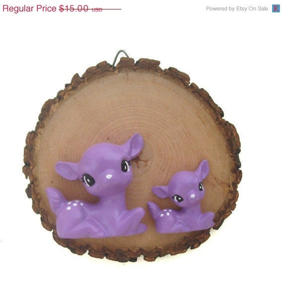 ON SALE Handmade Chalkware Deer Mother and Child Wall Hanging on Wood Slice Wall Decor