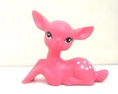 ON SALE Handmade Chalkware Deer Figurine - Hot Pink Big Eyed Fawn Figure