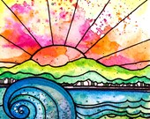Break of Day 5 x 5 inch handmade notecard sunset art print flowers art print ocean art print waves art print ocean painting