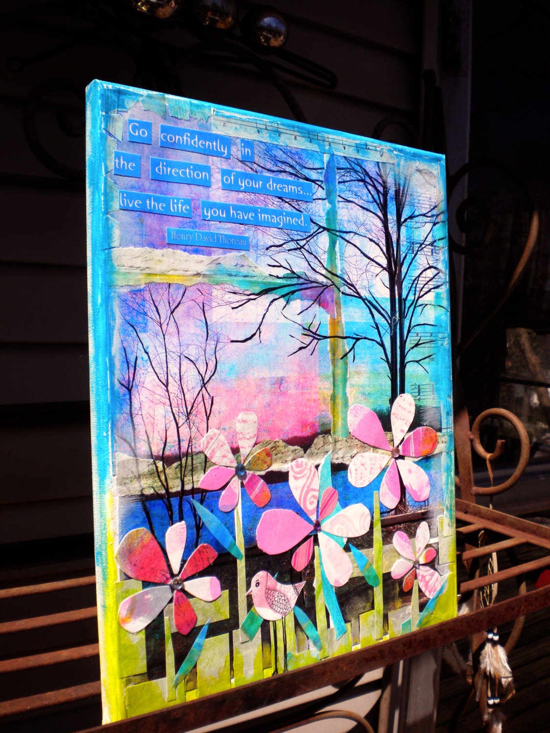 Go Confidently 9 x 14 inch  bird painting bird collage mixed media painting  flowers painting flowers collage bird art