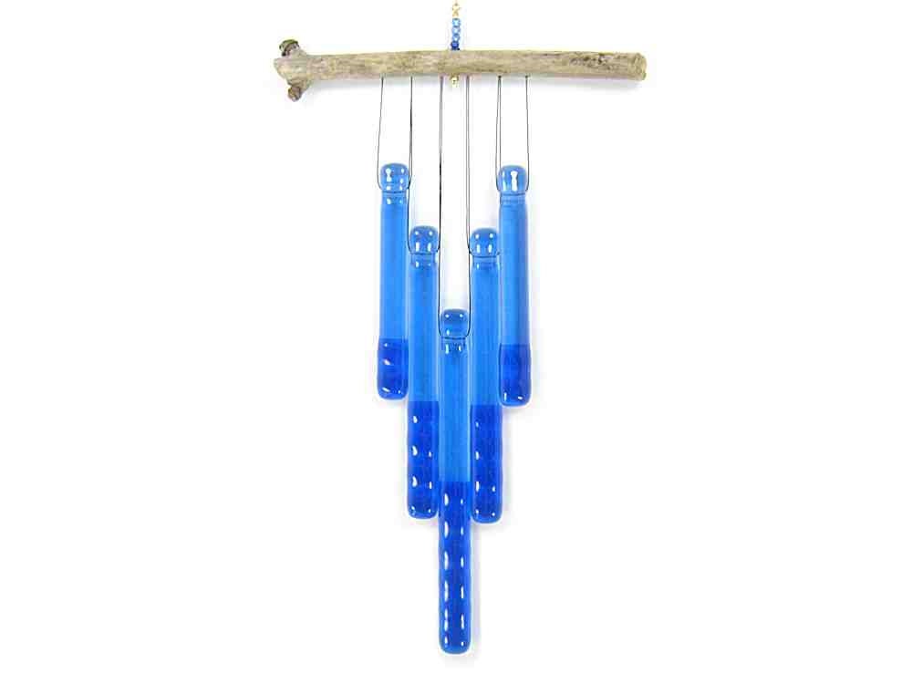 Blue Glass Wind Chime with Driftwood