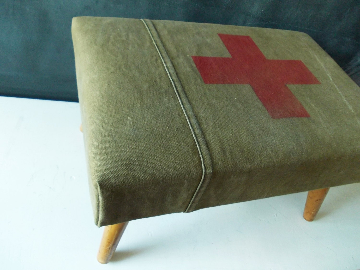 Upholstered Vintage Footstool : Red Cross on Army Green Canvas