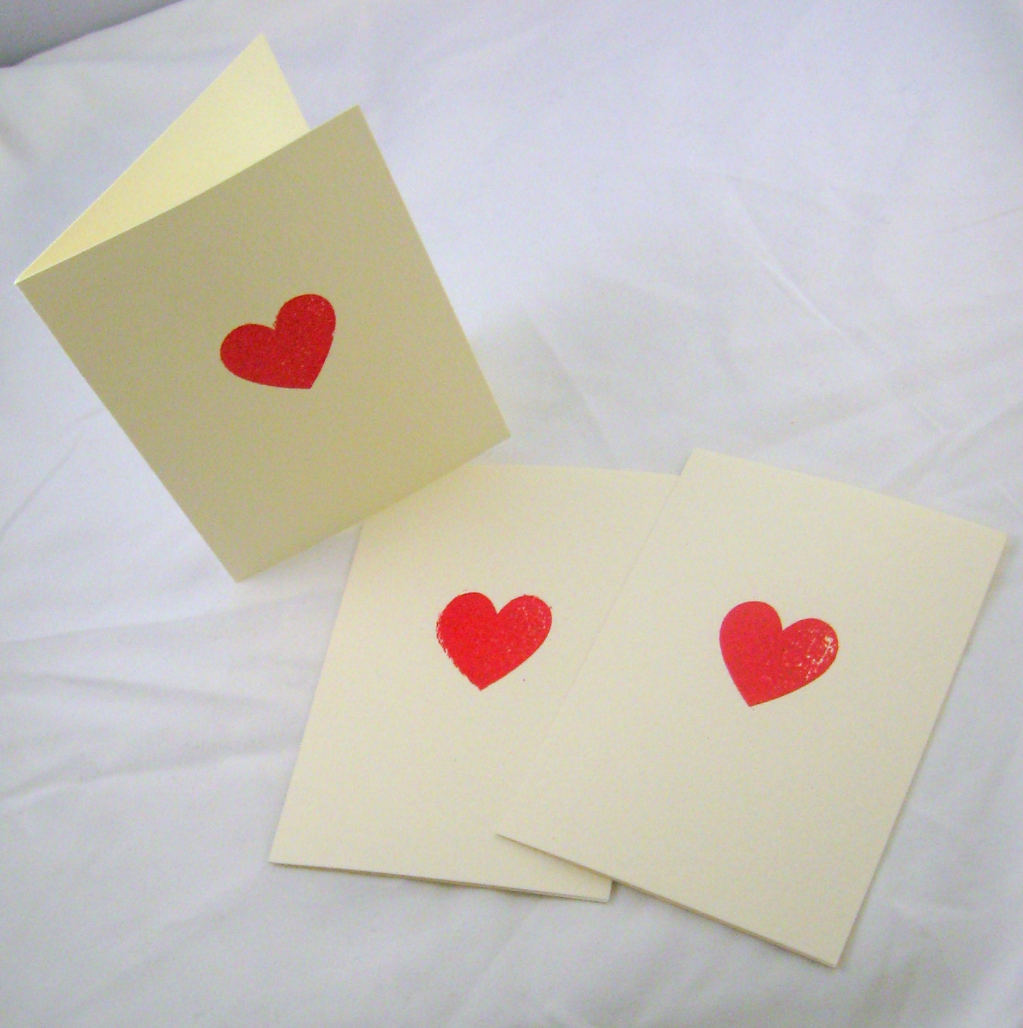 VALENTINE HEARTS - Set of 8 sweet little blank folding cards with hand stamped and embossed red hearts for valentines day or any occasion