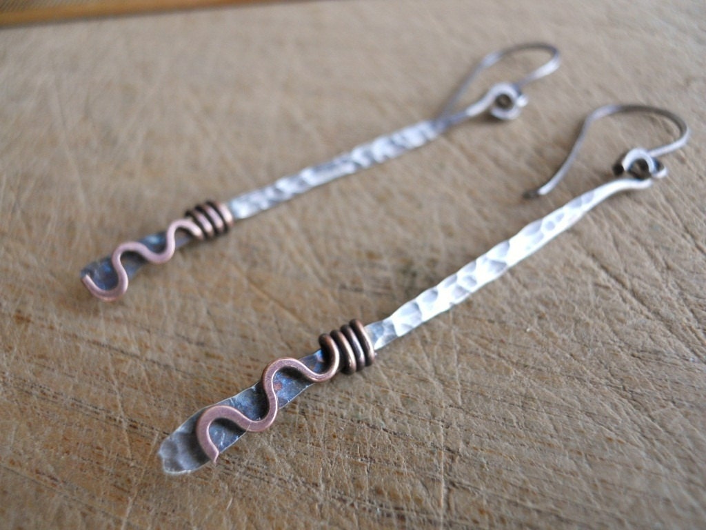 Wire Wrapped Hammered Paddle Earrings Oxidized Sterling Silver and Copper