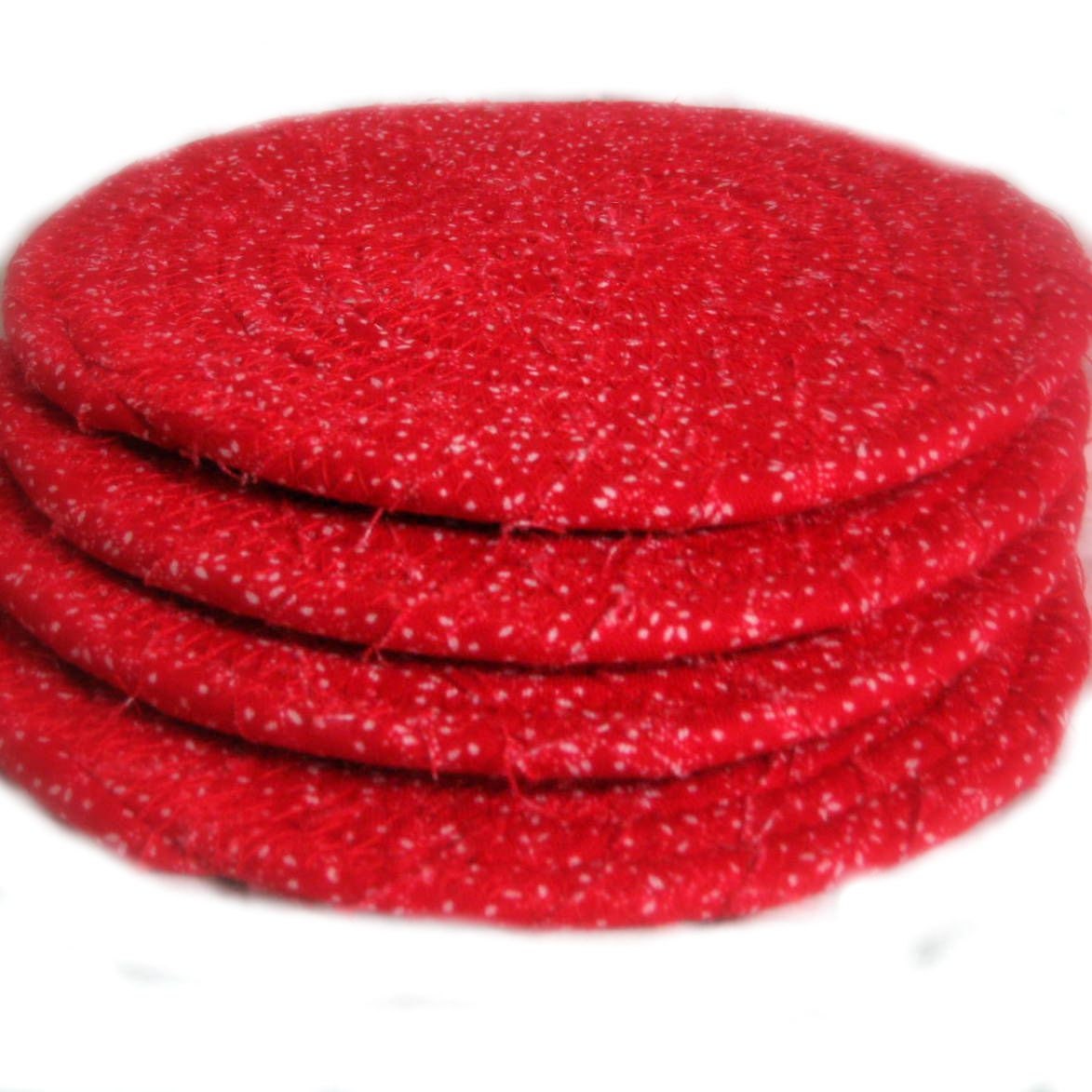 Speckled Red  and White Coaster Set of 4 - Fabric Coiled