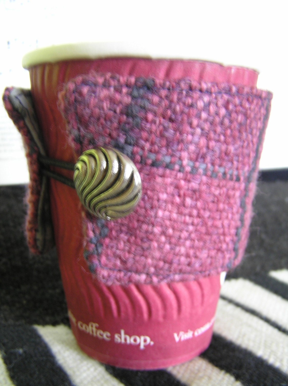 Handwoven take out coffee cup cozy cosy