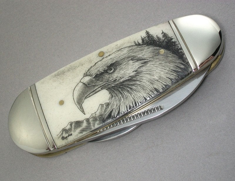 Scrimshaw Pocket Knife with Eagle Head