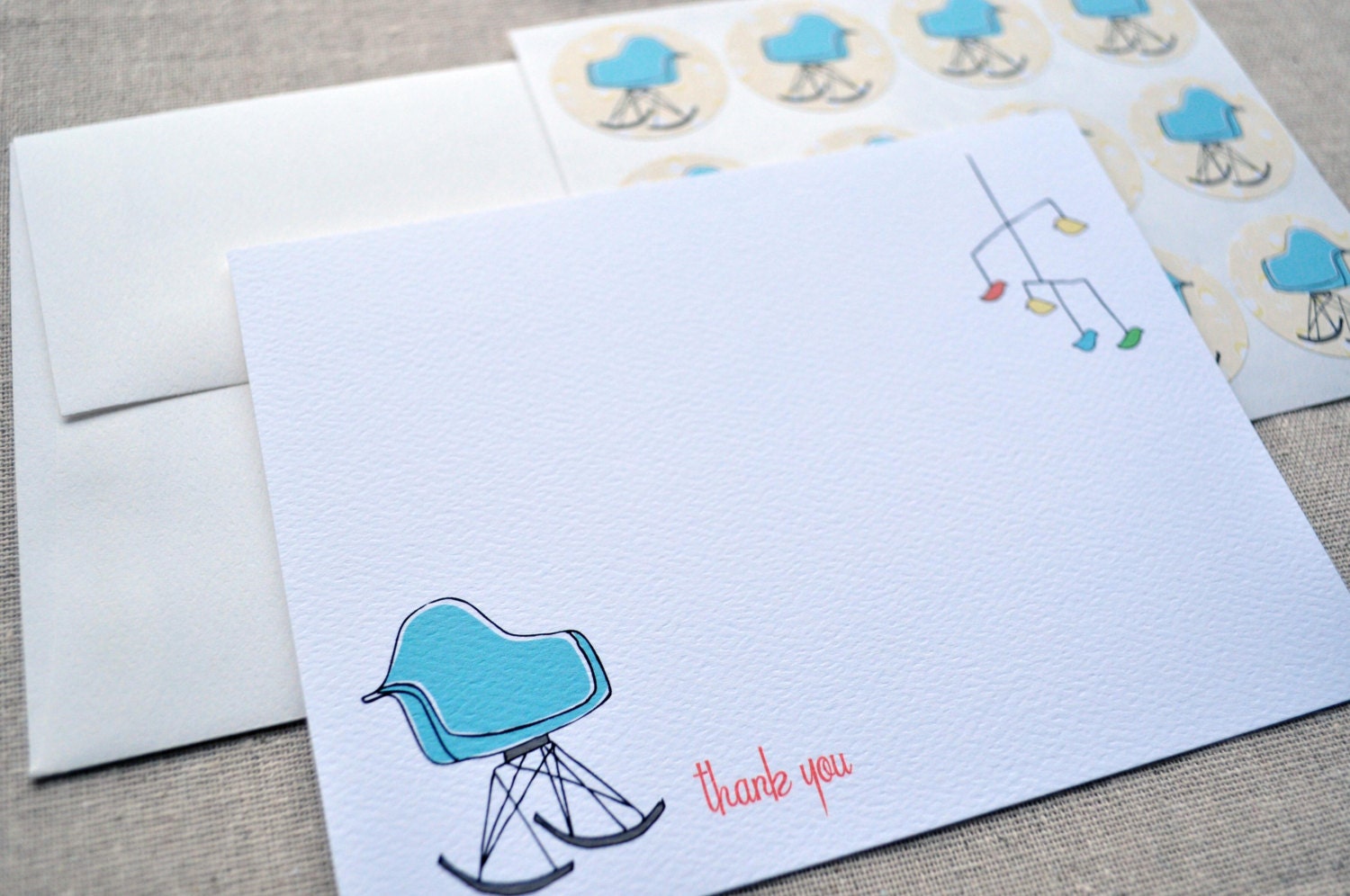Midcentury Modern Eames Rocker Thank You Cards Set with Stickers