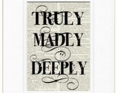 truly, madly, deeply - printed in black or red on page from old dictionary