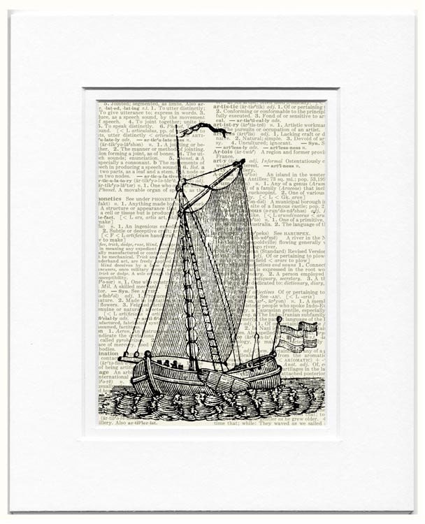 Sail boat IV - vintage sail boat artwork printed on page from old dictionary