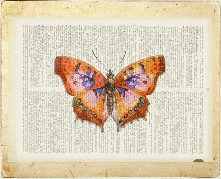 Butterfly - vintage pink butterfly artwork printed on old dictionary page