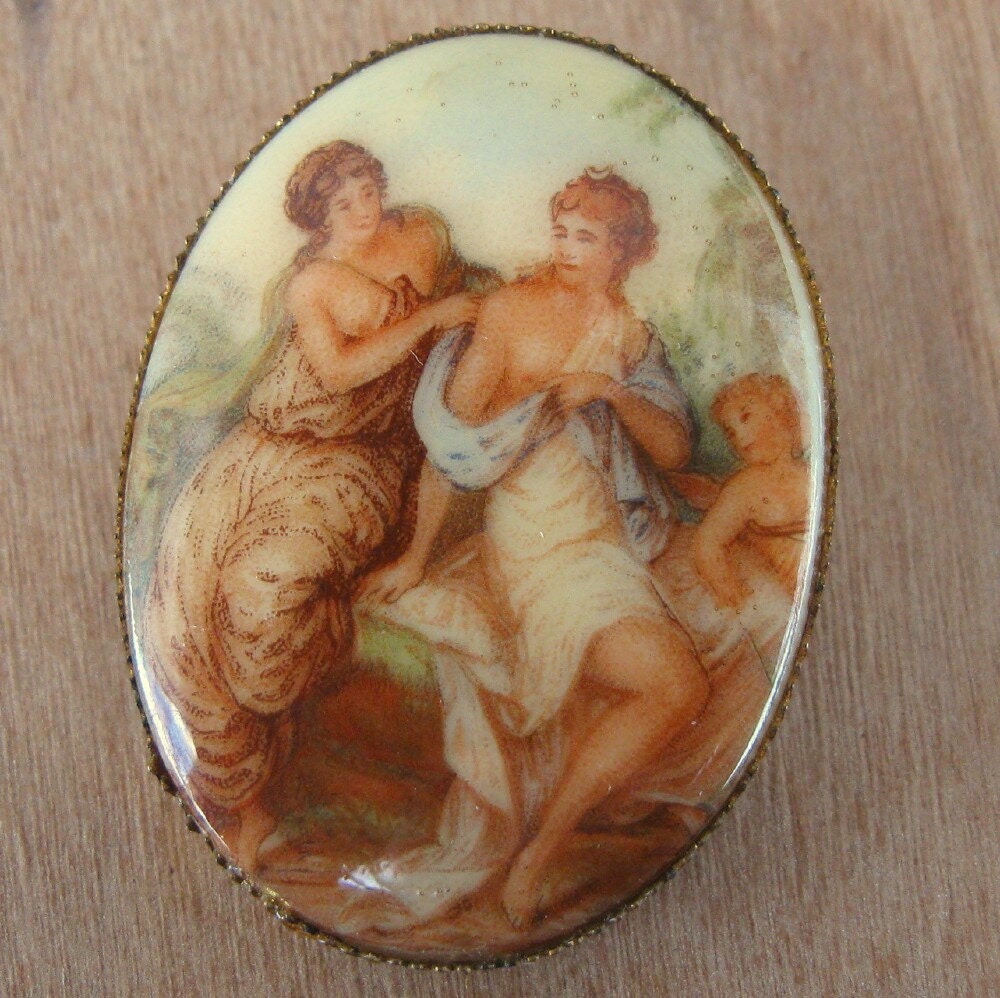 Vintage Rococo Painting of Women Brooch