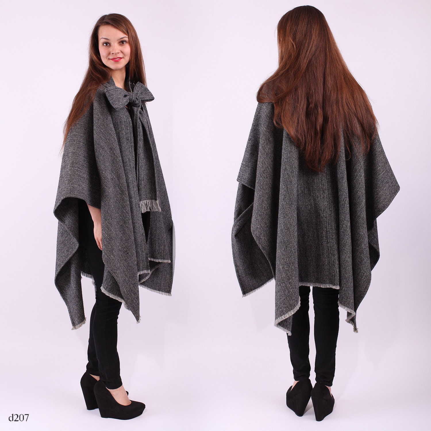 Vintage 70s Wool Cape / Gray Tweed Bow Cape / Free size